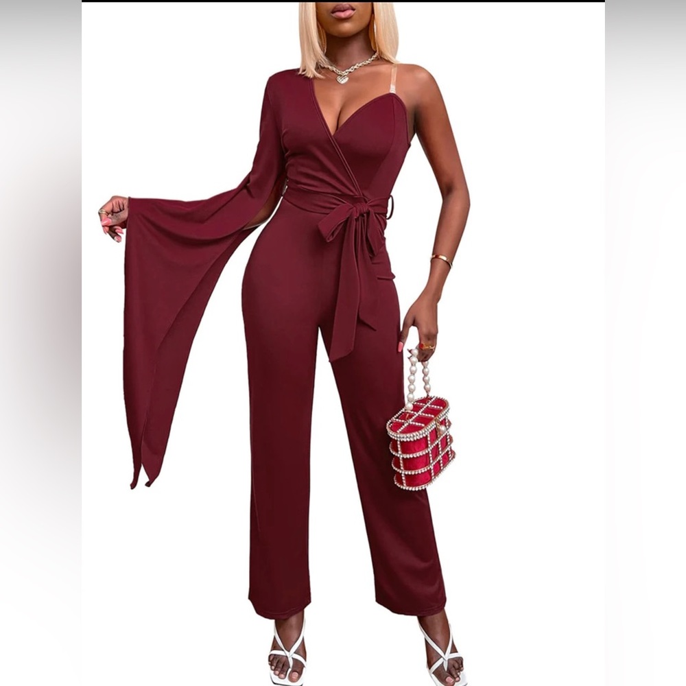 Burgundy jumpsuit  with kimono sleeve , off shoulder and sweetheart neckline .